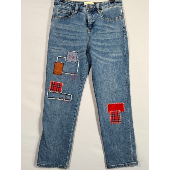 Coldwater Creek Women 8P Patch Work Stretch Denim Blue Straight 29.5x27" - Picture 1 of 7